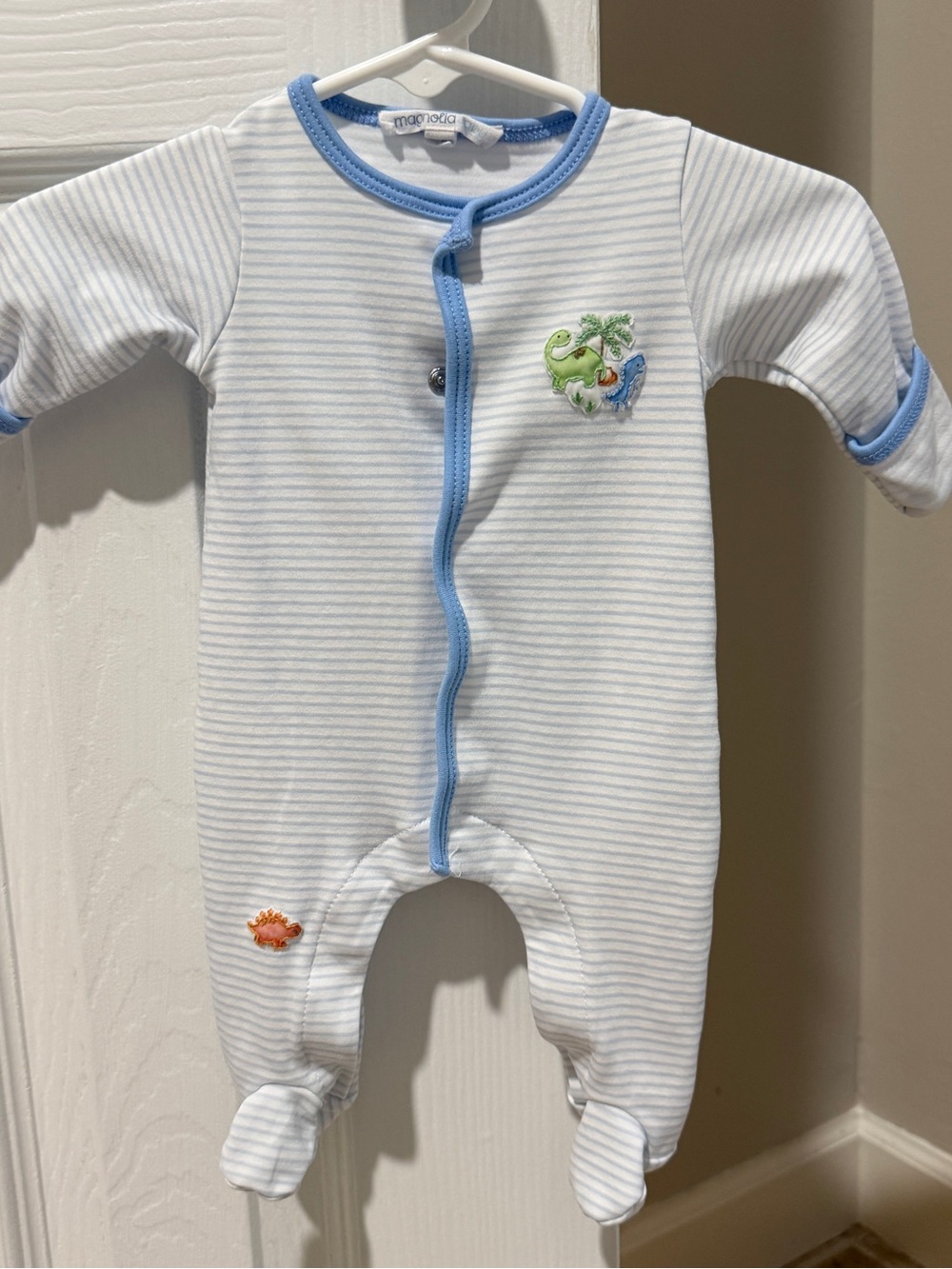 Magnolia White & Light Blue Striped Footed One-Piece with Dinosaur Appliqué
